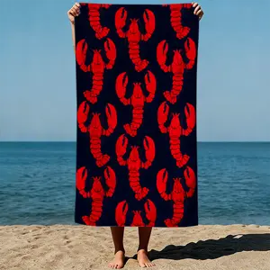 Red lobster silhouettes on a dark background, repeating pattern. Repetitive graphic art style. Sand-Free Beach Towel | Ultra-Light Microfiber | Quick-Dry, Compact for Travel