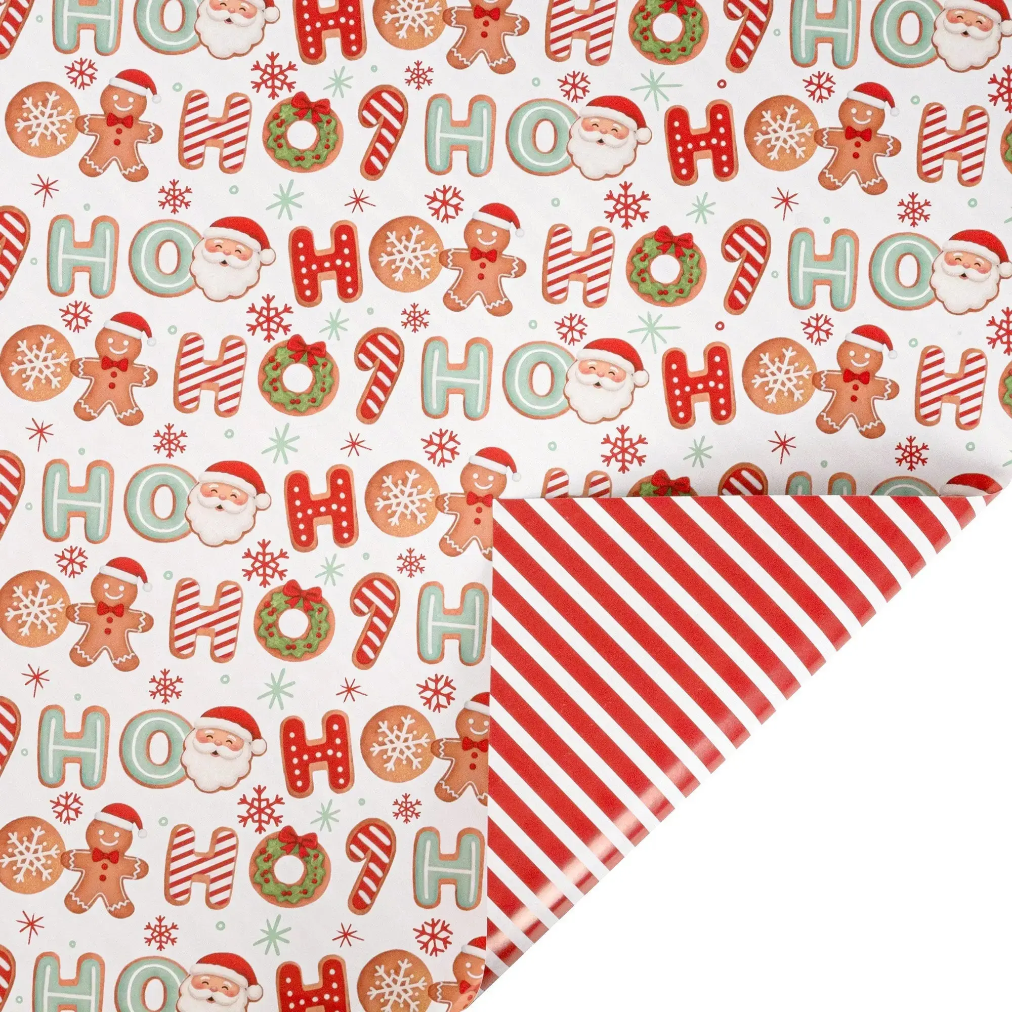 Gift Wrapping Paper, 30" x 10' Holiday Reversible Roll - HO HO Treats, Red-White Diagonal Stripe Design
