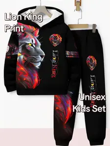 New Lion King Colorful Totem Kids Sports Set, Hooded Sweatshirt + Pants 2 Piece Set, Casual Streetwear for Boys and Girls 5-14 Years