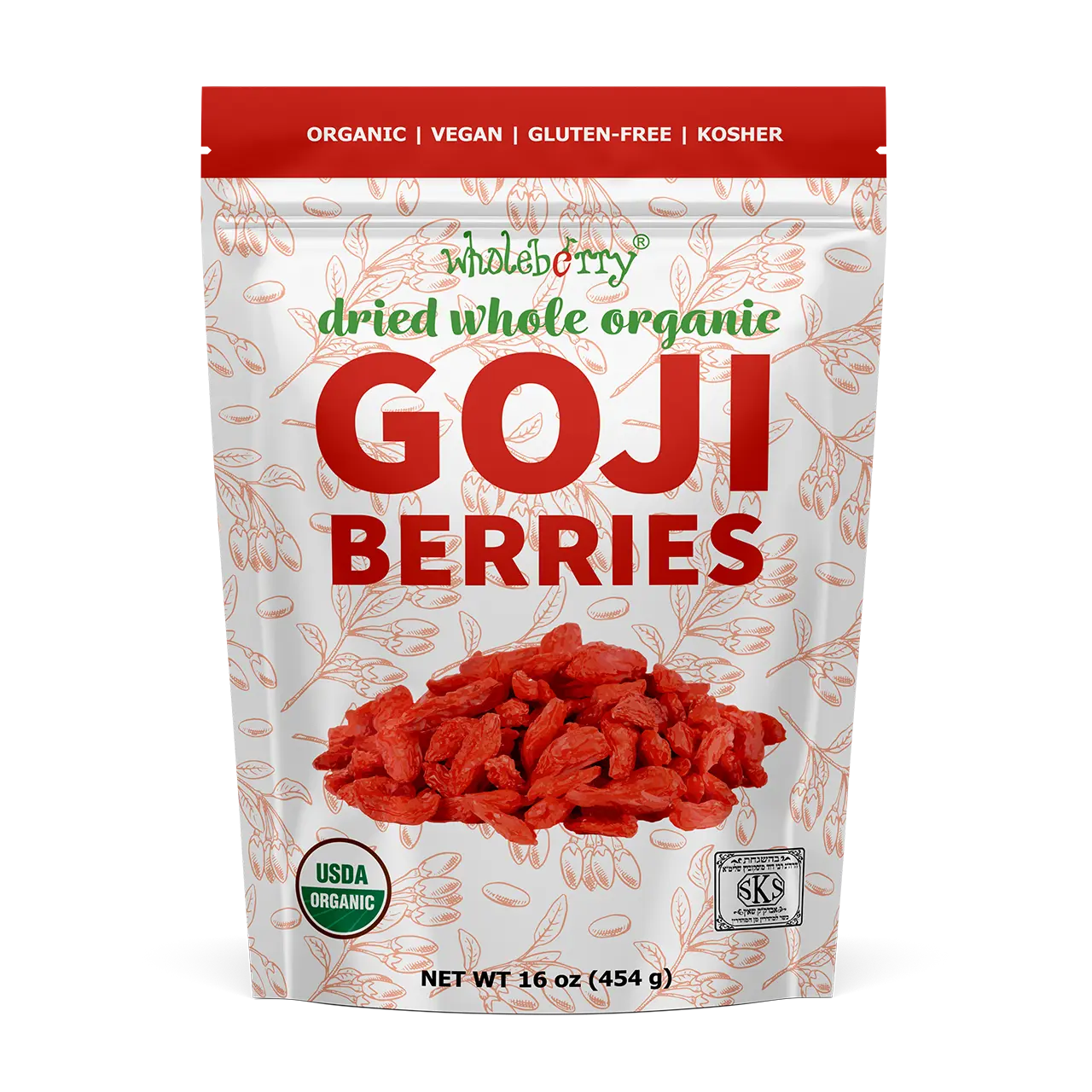 Wholeberry organic wolfberry gouqi Goji berries 16oz| Raw, Vegan, Gluten Free Super food High in Plant Based Protein, Dietary Fiber, Vitamin A & Iron | Large Snack Taffy