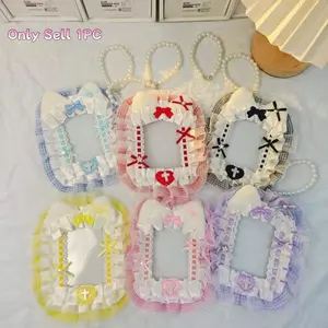 Lolita Style Photo Card Holder Keychain, Cute Cat Ear Toploader, Kpop Idol Card Protector, Handmade Lace, Unique Gift with Pearl Chain