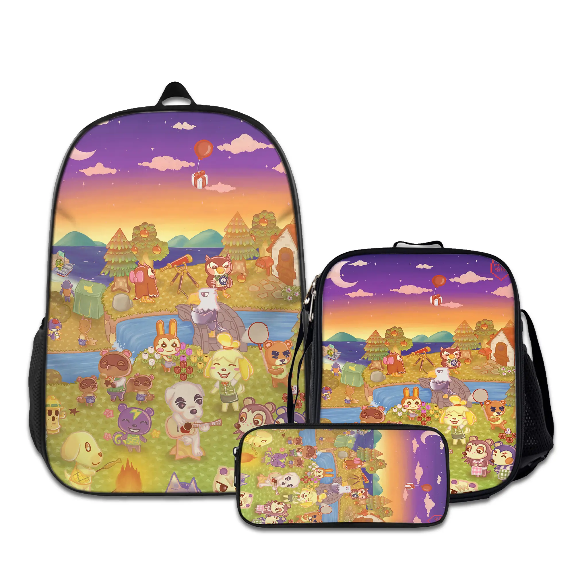 3PCS Backpacks for Girls Set, Cute animal-crossing-2 School Backpack for Boys with Lunch Box and Pencil Case, Aesthetic Bookbag for Teens, Lightweight Classic Backpack for Travel, Work, Picnic