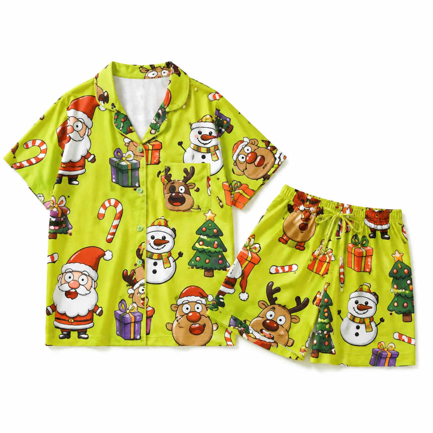 Christmas Cartoon Print Short Sleeve Pajama Set with Button Front Shirt and Drawstring Shorts for Comfortable Sleepwear