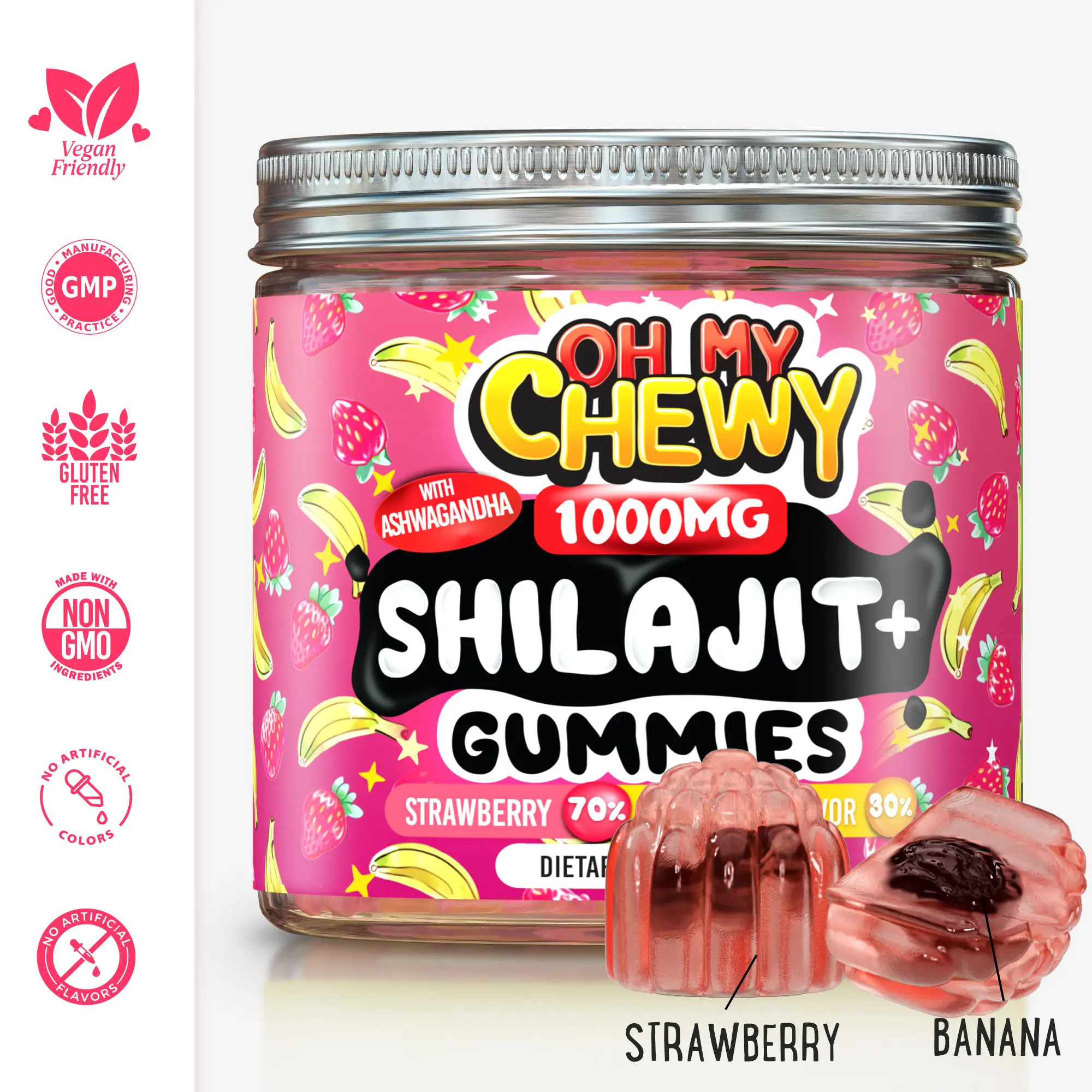 OH MY CHEWY Pure Himalayan Shilajit Ashwagandha Dietary Energy Gummy Mineral Supplements - 80% Fulvic Acid, 85+ Trace Minerals, Strawberry & Banana Flavor, Gummy Goodness, Gummies Bottle, Jitterless Energy for Fitness Support