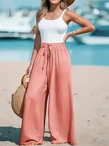 Women's Ice Silk Long Pants, Drawstring Adjustable Comfortable Wide Leg Loose Fit, Breathable Casual Minimalist Fashion Commuter Pure Color Trousers