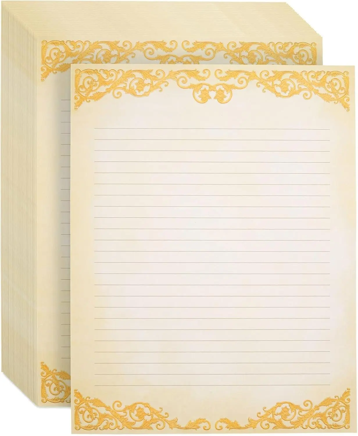 Personalized Antique Decorative Lined Letter Writing Stationery Set (48 Sheets) - 8.5x11in Custom Lined Pages, Aged Border, Blank Backside, Inkjet/Printer Compatible for Greeting Cards, Modern Party Invitations