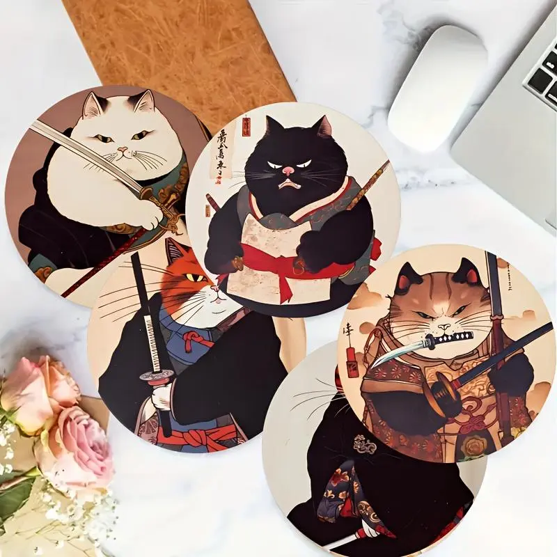 Cat Ninja Pattern Coaster, 6 Counts/set Round Coaster, Decorative Coaster for Home Kitchen Dining Room, Gift for Cat Lovers