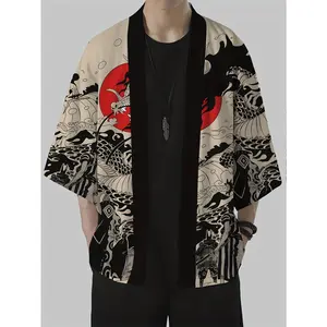 Men's Retro Dragon Pattern Kimono Cardigan - Lightweight Polyester Sun Protection, Loose Casual Summer Style Black and White Dragon Pattern, Machine Washable, Outdoor Fashion Traditional Aesthetic Comfortable Fabric, Fashion Travel Cover-Up
