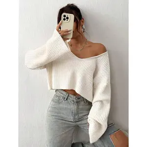Casual Solid Color V Neck Drop Shoulder Crop Ribbed Knit Sweater