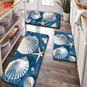 2pc/3pc Deep Blue Floor Mat, Ocean Texture Design, Shells & Starfish Print, Durable Door Mat for Living Room, Bedroom, Bathroom, Kitchen