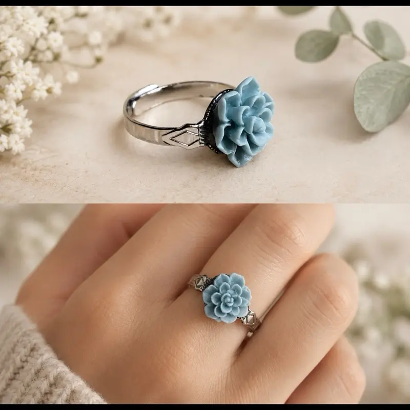 Misty Blue Green succulent adjustable ring