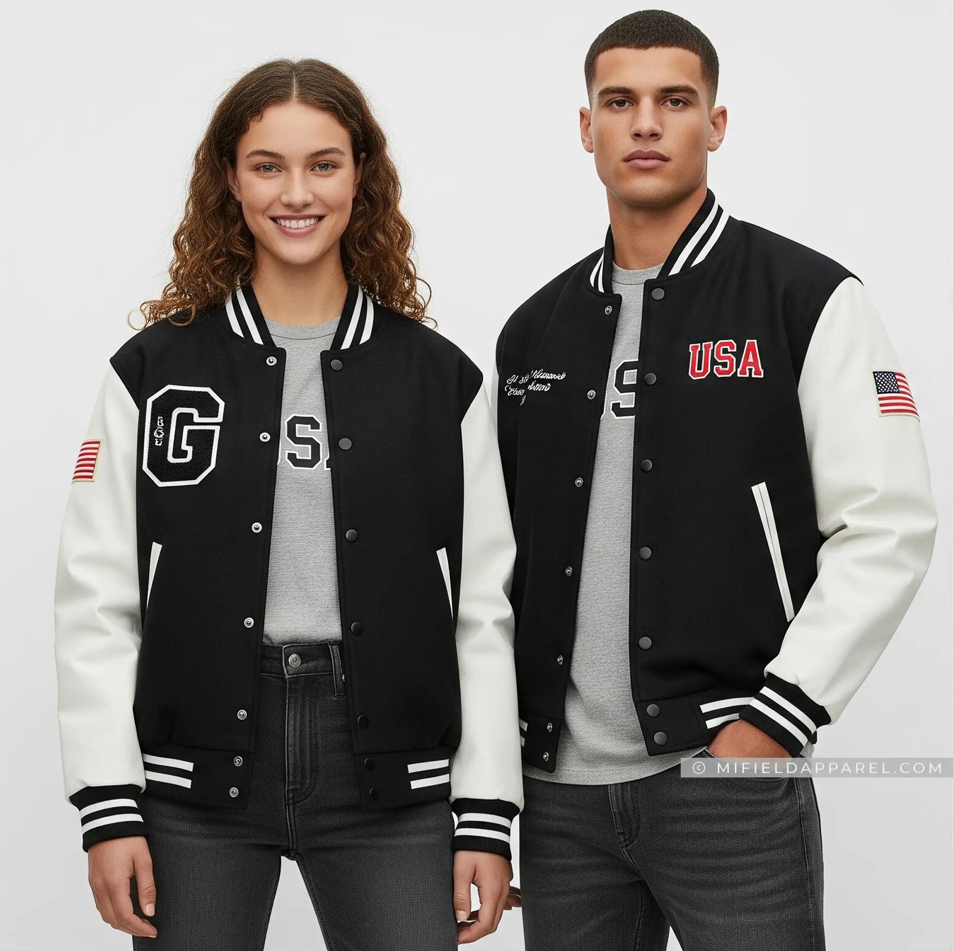 Classic Black Wool Leather Varsity Jacket - Medium Size with Embroidered Letters & USA Flag Detailing for Daily Wear American Style Premium Materials