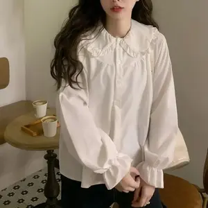 Gidyq-White Long Sleeve Shirt for Women, Vintage Shirt, Preppy Style, Elegant Women's Fashion, Y2K Sweet Kawaii, Matching Shirts Top Womenswear Blouse Basic Casual Minimalist
