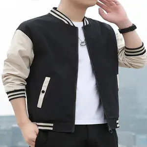 [College-Style Jacket] Lightweight Polyester Unisex College-Style Jacket | Boat Neck Zip-Up Coat with Ribbed Cuffs & Hem, Regular Fit for Spring/Fall Casual Outerwear, Striped Interior Design, Durable Stripe Detailing, Machine Washable