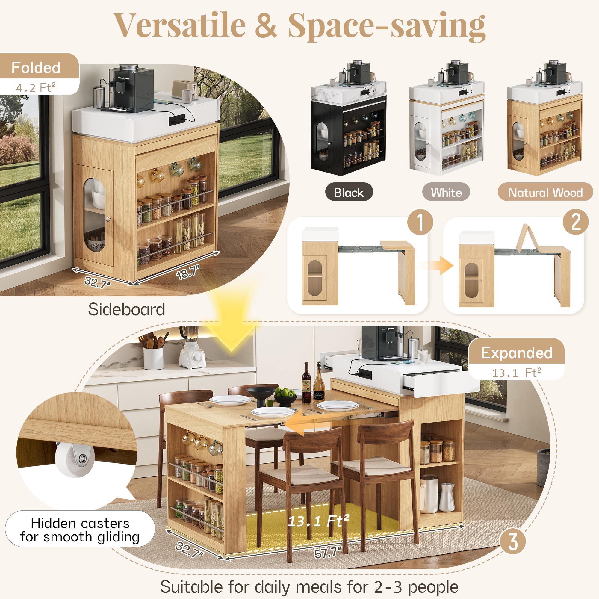 Rolling Kitchen Island & Extendable Dining Table with Folding Top & Power Outlet, Mobile Sideboard with Drawers, Hooks & Storage for Kitchen & Dining Room