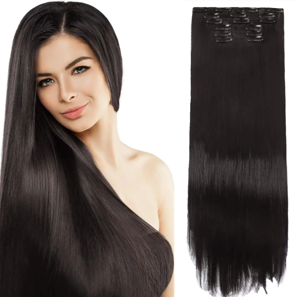 Female 24 Inch Synthetic Soft Hairpieces, Seamless Invisible Silky Straight Clip-in Hair Extensions, 6Pcs Double Weft Black Brown, 140g/4.9oz, Natural Look, Gift for Girlfriend