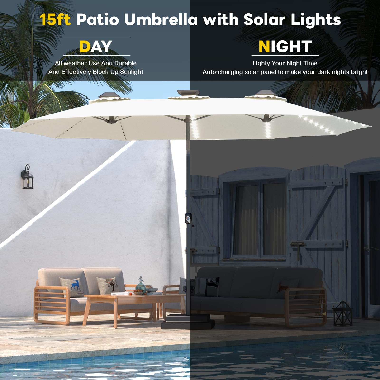 AECOJOY [No Base] 15ft Patio Umbrella with Solar Lights, Large Double Umbrella Outdoor Patio LED Lights and Crank Handle Cream(1.9" Pole) Lighting Garden