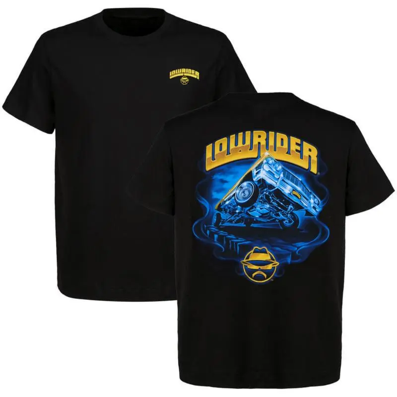 Lowrider Car T-Shirt – Blue & Yellow Graphic of Custom Lifted Ride with Street Glow, Chicano Car Culture Tee, Urban Auto Art Shirt, Gift for Lowrider Fans & Car Collectors