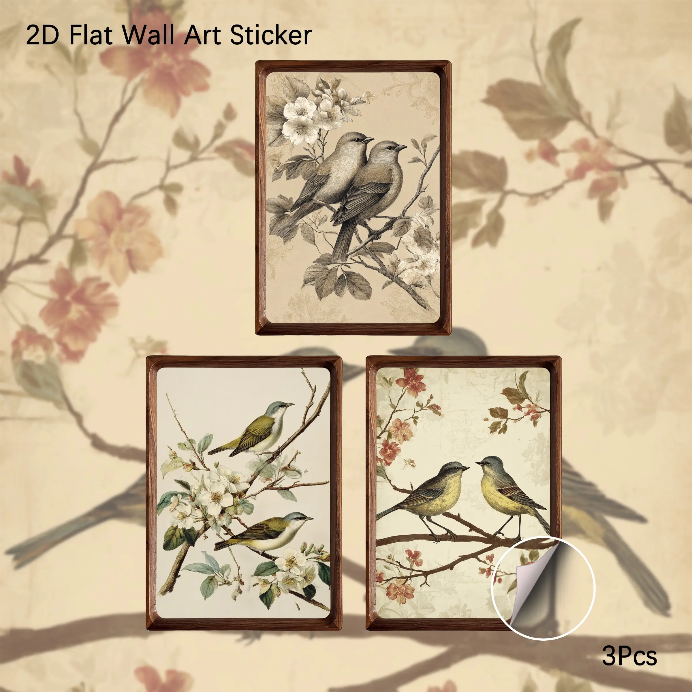 2D Flat Wall Art Sticker, 3Pcs PVC Self-Adhesive Framed Wallpaper, Vintage Distressed Bird & Flower Illustration Wall Decals, Aesthetic Retro Botanical Songbird Art Wall Decor for Living Room, Bedroom,Perfect Gift for Cottagecore Home Decor Fans