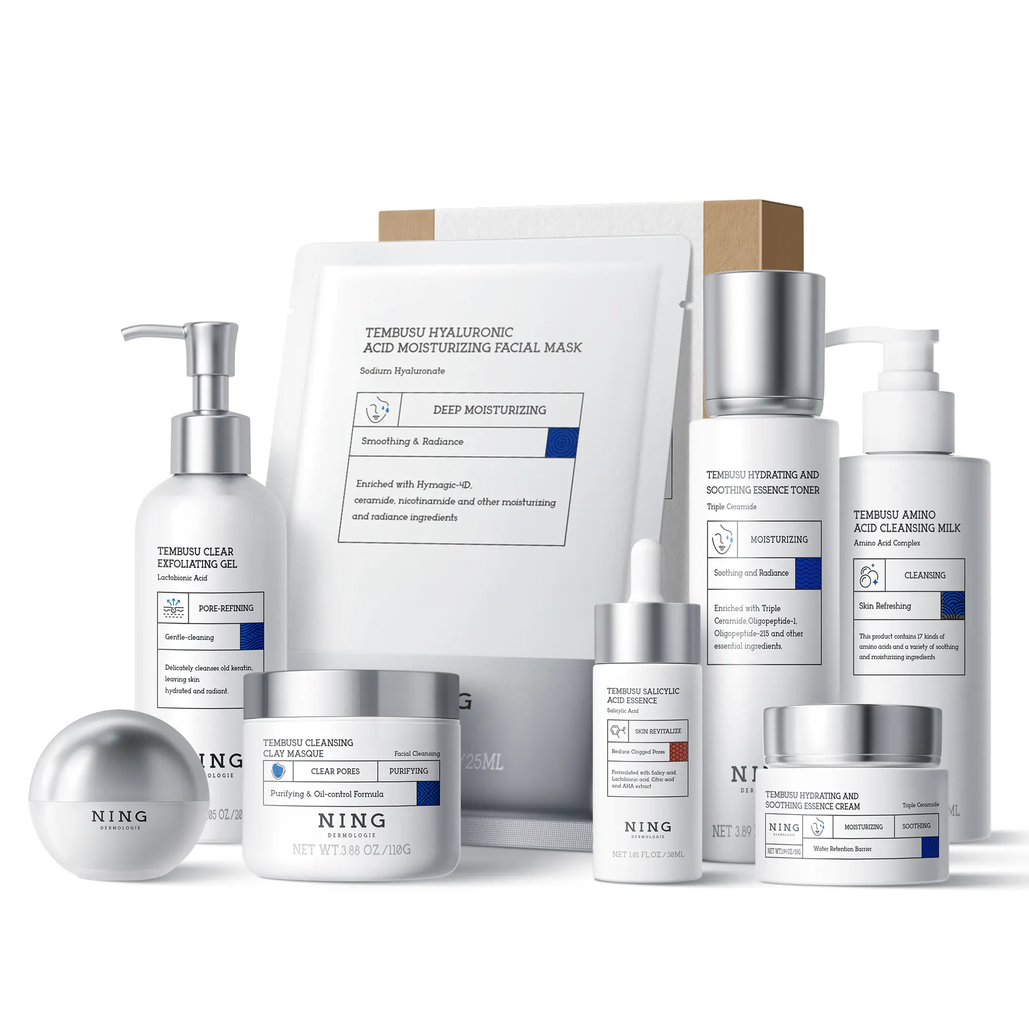 NING DERMOLOGIE Singapore Tembusu Essence Skincare Gift Set|Amino Acid Cleanser+Cleansing Clay Mask+Exfoliating Gel+BesagerasiaSC Essence Toner + Anti-Wrinkle Essence Cream + Salicylic Acid Serum + Firming Eye Cream + Hyaluronic Acid Mask (10 Sheets)
