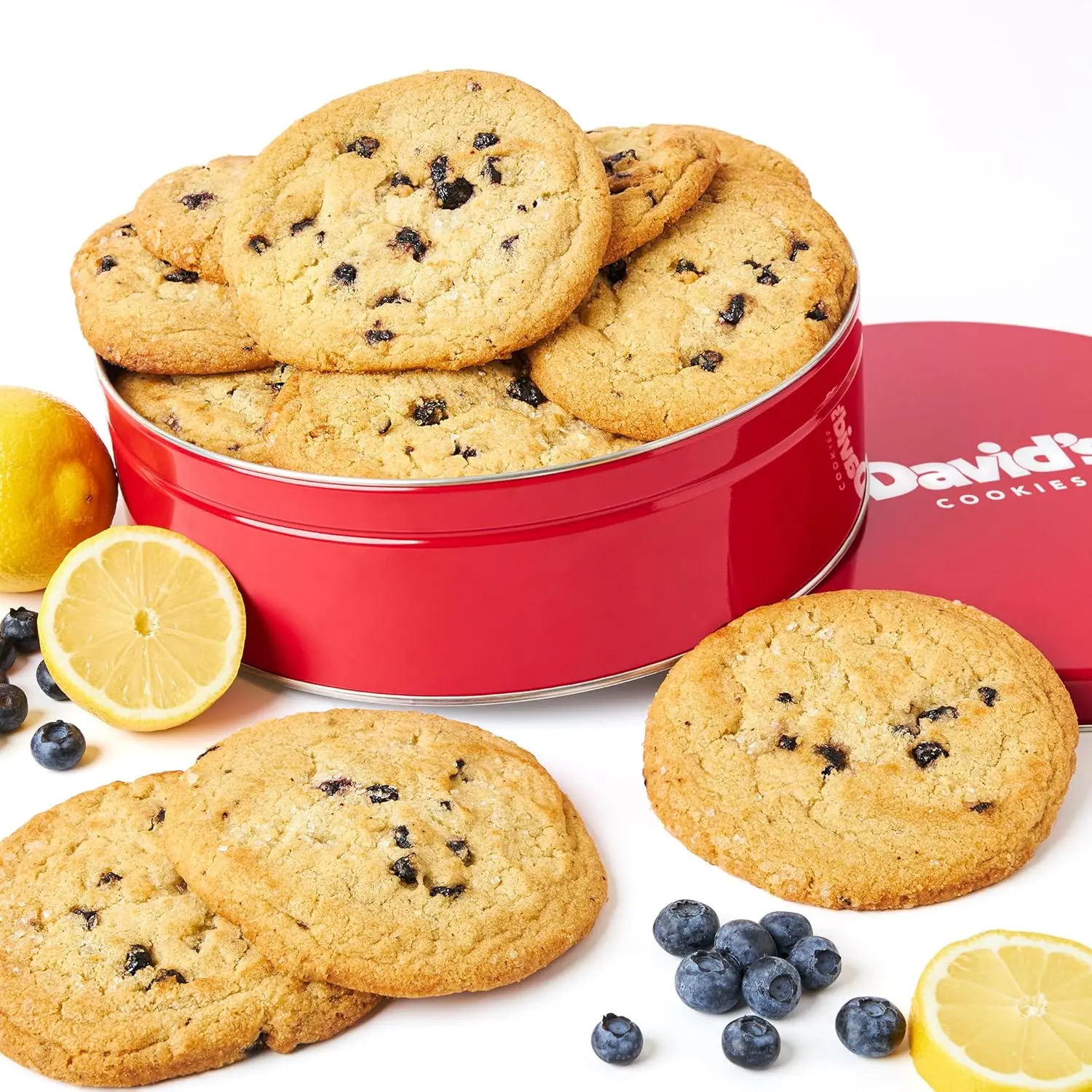 DAVID'S COOKIES Fresh Baked Soft-Chewy Jumbo Blueberry Lemon Cookies - 2 lbs Total, 8 Large Snack Cookies in Reusable Gift Tin - Citrus Dessert for Gifting