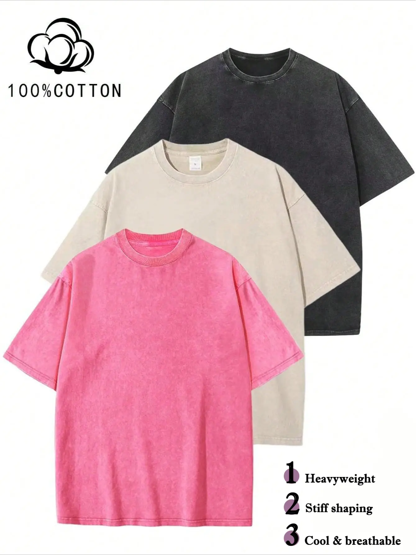 Women's 3-Pack Oversized 100% Pure Cotton Heavyweight Boxy Tees - Vintage Washed Retro Rib Crewneck (Round Neck) Short-Sleeve Unisex Basic Knitting Casual Streetwear Essentials with Skin-Like Comfort
