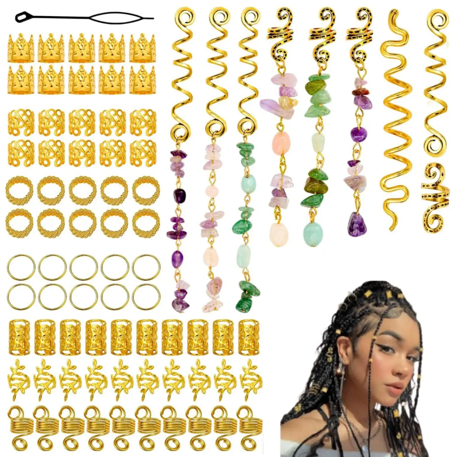 80Pcs Gold Hair Jewelry for Braids, Gold Dreadlock Hair Accessories with Pendants Charms, Jewelry for Hair Dreadlocks Rings Cuff Clips Charms for Braid Decoration - Home Improvement.