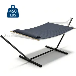 Double Hammock with Stand,450lbs Capacity, 2 Person Cotton Rope Portable Hammock with Polyester Quilted Pad and Pillow,for Garden Yard,Camping and Patio.Dark Dray.