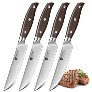 XINZUO 5 - inch Steak Knife Set of 4, German 1.4116 Steel Kitchen Steak Knife Set, Non - Serrated Steak Knives, Hardness 56 - 58 HRC, Razor - Sharp Dinner Knives with Gift Box, Kitchen Table Knife with Nature Red Sandalwood Handle - Zhi Series
