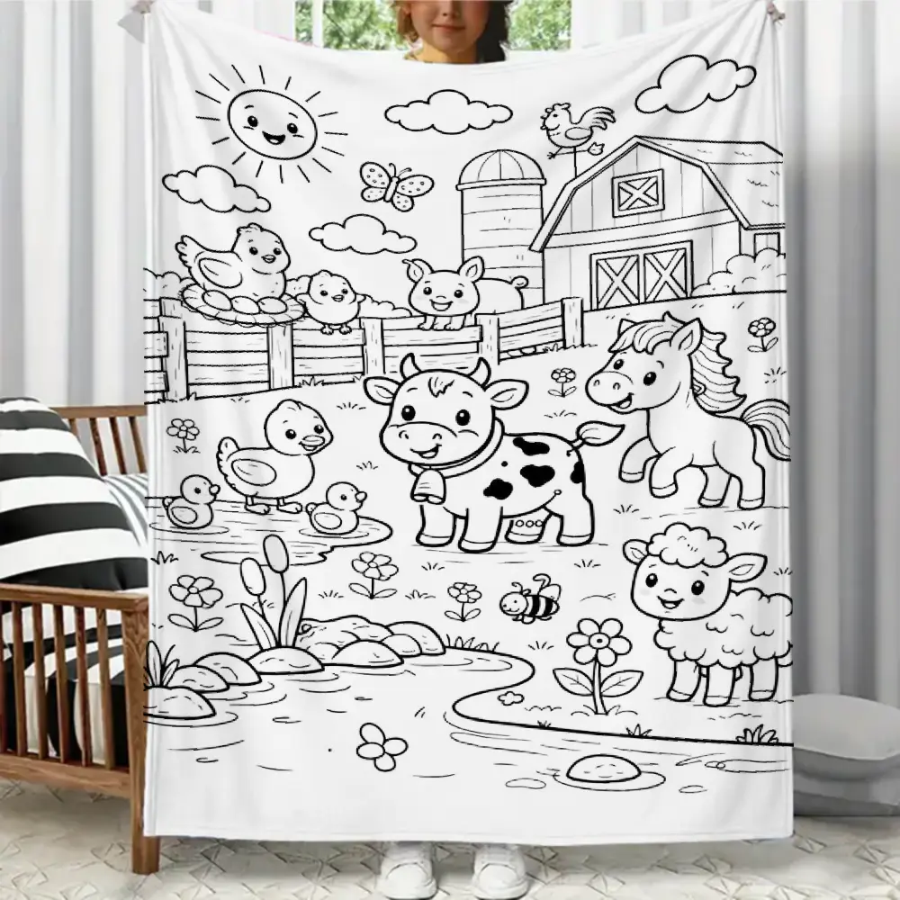Animal Farm Themed DIY Coloring Flannel Throw Blanket - Personalized Custom Image Figure Print All Season Blanket, No Markers Included, Custom-Dyed Soft Cozy Fabric, Perfect Gift for Children, Bedroom Decor, Personalized Blanket