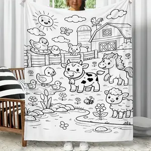 Animal Farm Themed DIY Coloring Flannel Throw Blanket - Personalized Custom Image Figure Print All Season Blanket, No Markers Included, Custom-Dyed Soft Cozy Fabric, Perfect Gift for Children, Bedroom Decor, Personalized Blanket