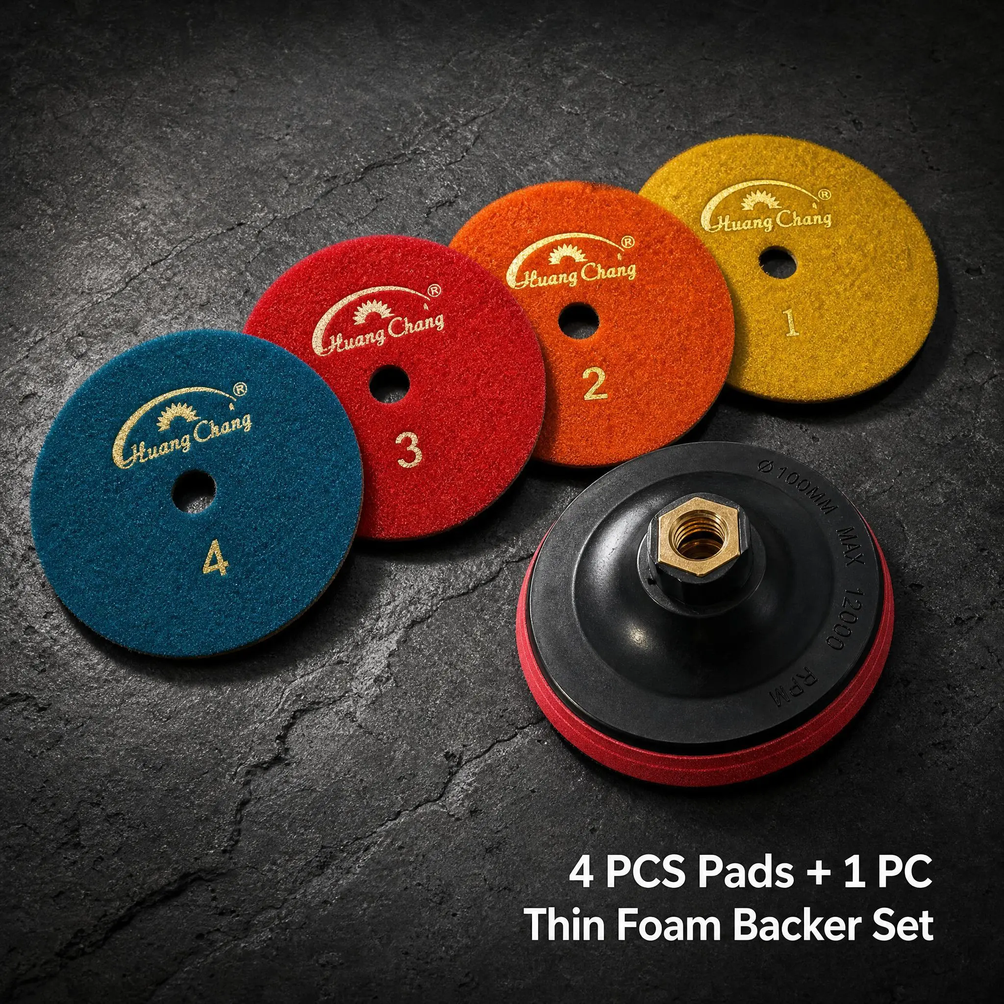 5Pcs 4-Step Wet Polishing Wheel Set - Unique Hemp Pattern Abrasive Pads & Color-Coded Backing for Angle Grinder Countertop Care