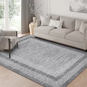 Large Living Room Rug 9x12 Modern Bordered Rug Washable & Foldable, Non Shedding Non Slip Floor Covering, Soft Thin Low Pile Carpet,  Grey