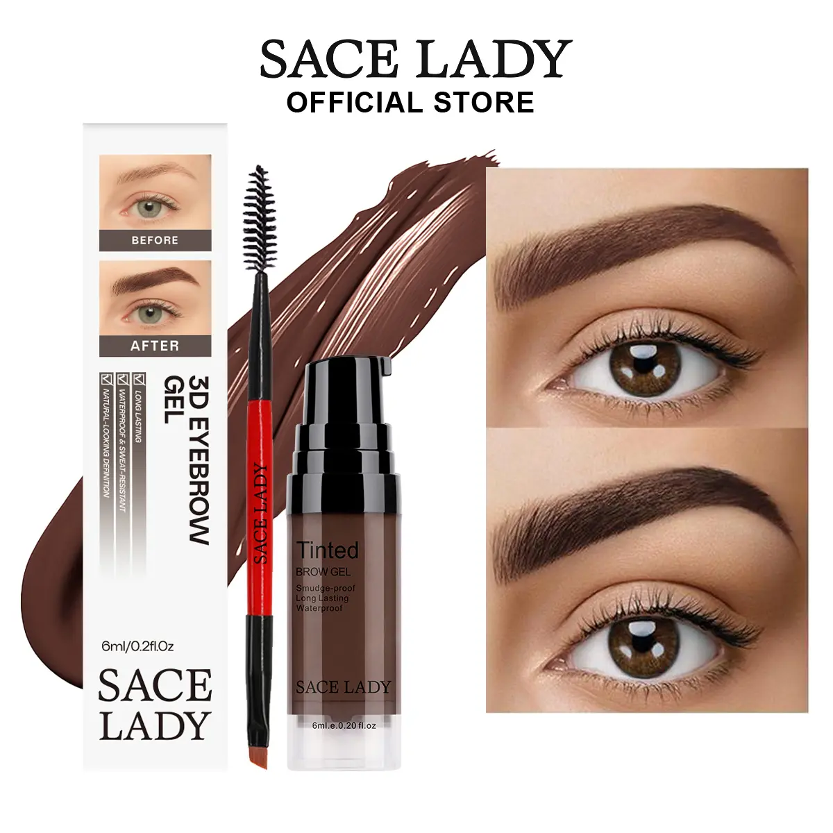 SACE LADY Tinted Brow Gel, Waterproof Smudge Proof Eyebrow Mascara for Natural Full Brows, 24H Long Lasting Brow Gel for Sparse Thin Eyebrows