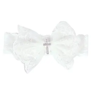 SQ-HDW003 Baby Girl's Elegant Lace Bow Knot Headband Children's Rhinestone Pearl Lace Headband for Birthday Party Photography (White Cross)