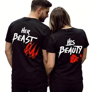 Her Beast His Beauty Matching Couple T‑Shirt, Trendy Couple Graphic Tee, Perfect Valentine’s Day & Anniversary Gifts, Casual Matching Outfits for Lovers Daily Wear