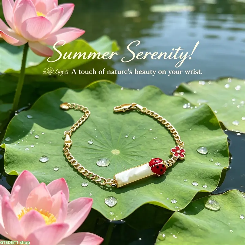 Dainty 14K Gold Plated Figaro Link Bracelet For Women Hand Polished Bar Bangle With Enamel Ladybug And Red Flower Charms Adjustable Stackable Insect Floral Jewelry For Daily Dating Party Holiday Gift