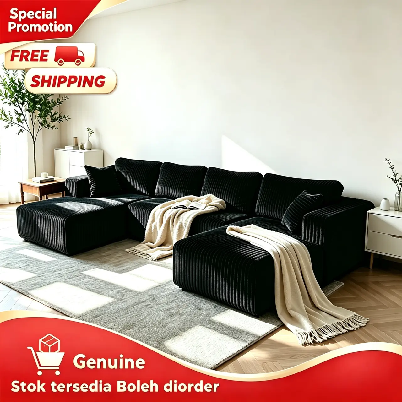 131" U-Shaped Modular Cloud Sofa, 3-Seater Sectional with 2 Movable Ottomans,Deep Seat,Chenille,Linen