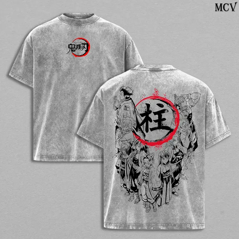 Hashira Demon Slayer Vintage T-Shirt, Washed Heavy Cotton Oversized Manga Tee, Anime Top Menswear Unisex Underwear Streetwear Double Printed Kimetsu no Yaiba