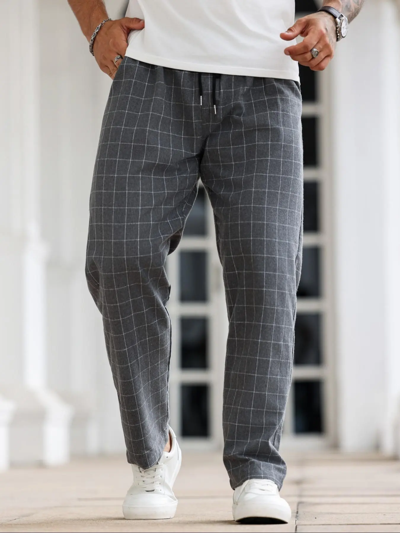 Men's Plaid Print Drawstring Waist Straight Leg Pants, Casual Fashion Pants, Casual Streetwear Pants, Regular Fit Casual Comfy Pocket Trousers for Daily Wear, Men's Bottoms for All Seasons, Checkerboard Print Pants