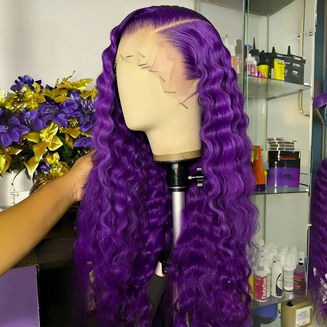 Dark Purple Wig Long Deep Wave Wig Pre-plucked Hairline Heat Resistant Synthetic Glueless Wig for Women