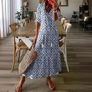 Women's 2026 Boho Casual Comfortable Loose-Fitting V-Neck Printed Long Dress with Fringed Sleeves - Everyday Casual Wear, Sports & Outdoor Clothes