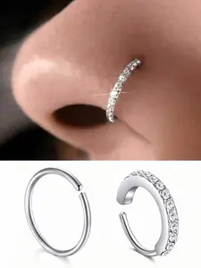 2 Counts Fashion Cz Nose Rings, 316L Stainless Steel Nose Hoops, Silver Color and, Punk & Hip Hop Style Nose Jewelry