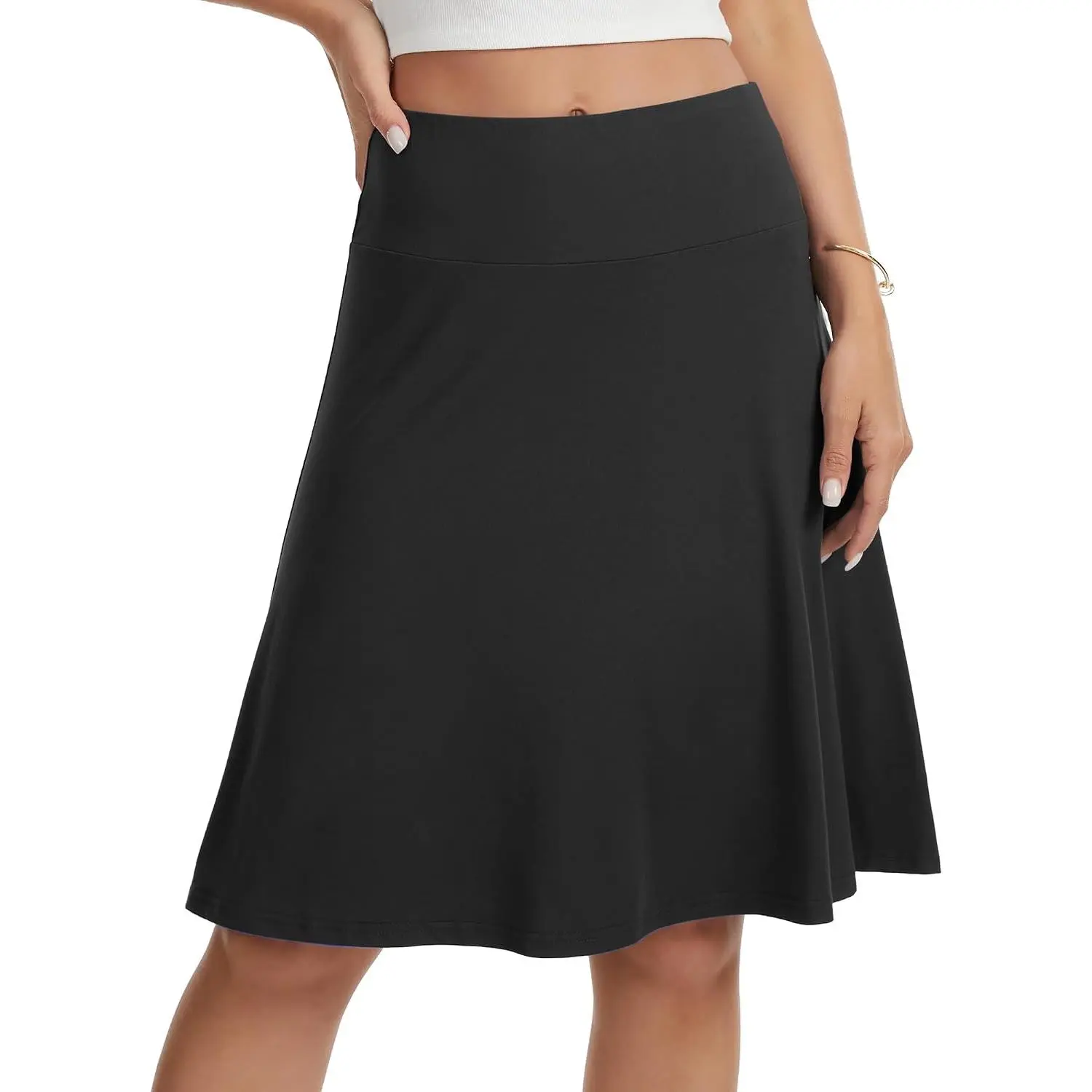 Women's Knee Length Skirt High Waisted Stretchy A-Line Skater Skirt Soft Knit Modest Casual Skirts for Daily Wear