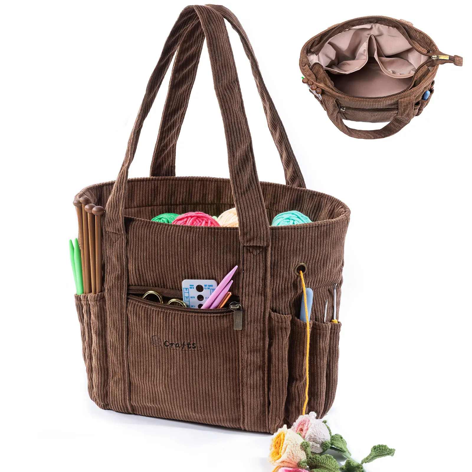 MYBAGZING Women's Corduroy Tote Organizer, Casual Minimalist Bag for Yarn & Knitting Accessories with Double Handle, Soft Fabric Handbag, Mother's Day Gift, Thoughtful Gift