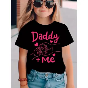[Short Sleeve] Summer Fashion Girls' Short Sleeve T-Shirt with "Big Fist Meets Little Fist" Daddy + Me Letter Print Casual Top NYDX4322
