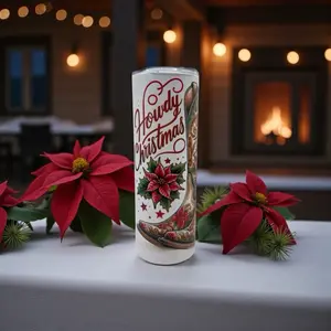 Howdy Christmas 201 Skinny Tumbler with Festive Poinsettia Design and Boot Motif for Holiday Beverages