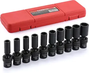 10 PCS 3/8" Drive Deep Standard Universal Impact Socket Set, 6 Point, CR-MO, Metric,10-19mm