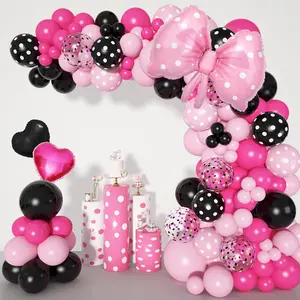 Party Pink Mouse Balloon Garland Arch Kit for Cartoon Mouse Theme Birthday Party Decorations Girl Kids, Pink Black Rose Red Bow Foil Balloons Banners for Mouse Baby Shower Party Supplies