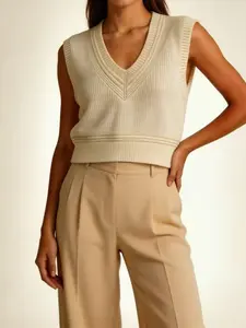 Women's V Neck Knitted Vest, Casual Fashion Top, Soft & Cozy Design, Perfect for Daily Wear, Stylish Women's Outerwear